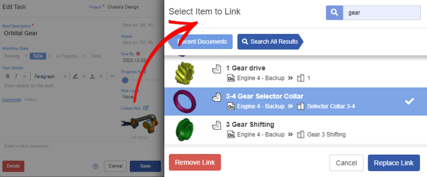 Modify Task Links to Onshape Items from the Task Edit Dialog